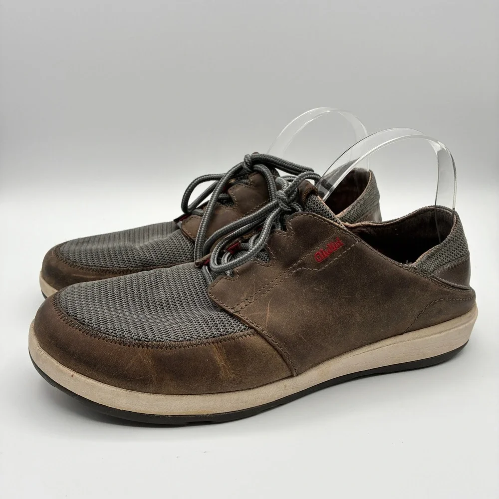 OluKai Makia Leather Boat Shoes Mens 9 EU 42 Brown Gray Lace Up Sneakers